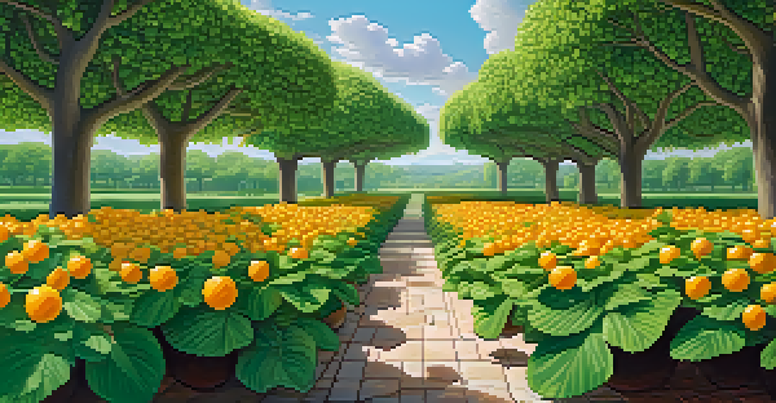 A peaceful garden with Bitcoin coins growing on trees, symbolizing financial growth.