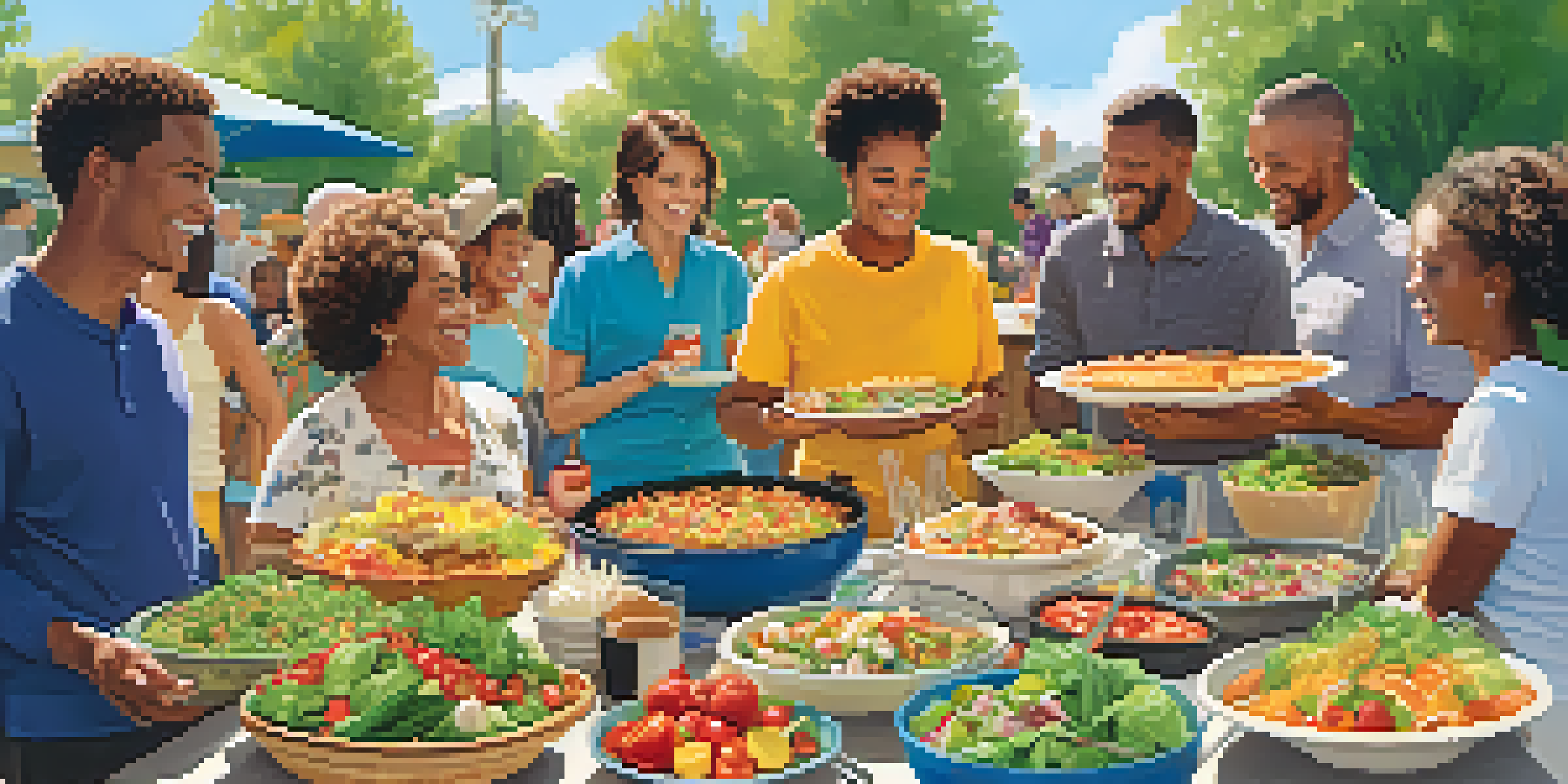 A lively outdoor potluck scene with a long table filled with colorful dishes and diverse people interacting happily.