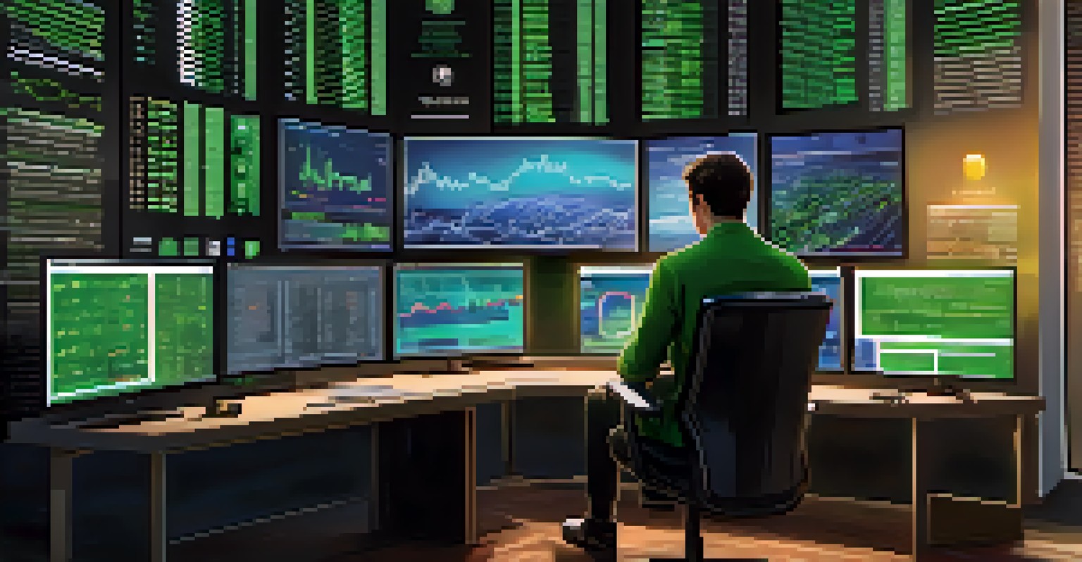 A person at a desk with screens showing Bitcoin prices in a well-lit room.
