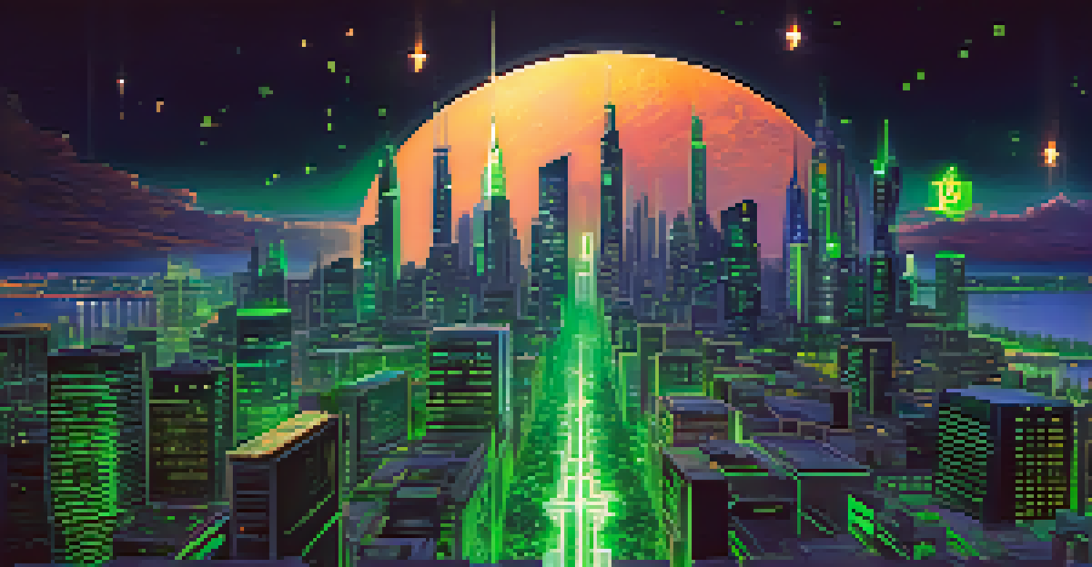 Futuristic cityscape at night with glowing Bitcoin symbols integrated into the architecture and vibrant neon lights.
