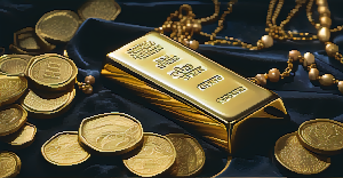 A close-up view of a gold ingot on dark velvet, illuminated by warm light, with blurred coins and jewelry in the background.