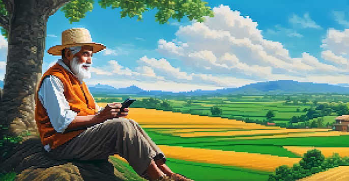 An elderly farmer in traditional clothing using a smartphone under a tree, managing Bitcoin transactions in a lush rural landscape.