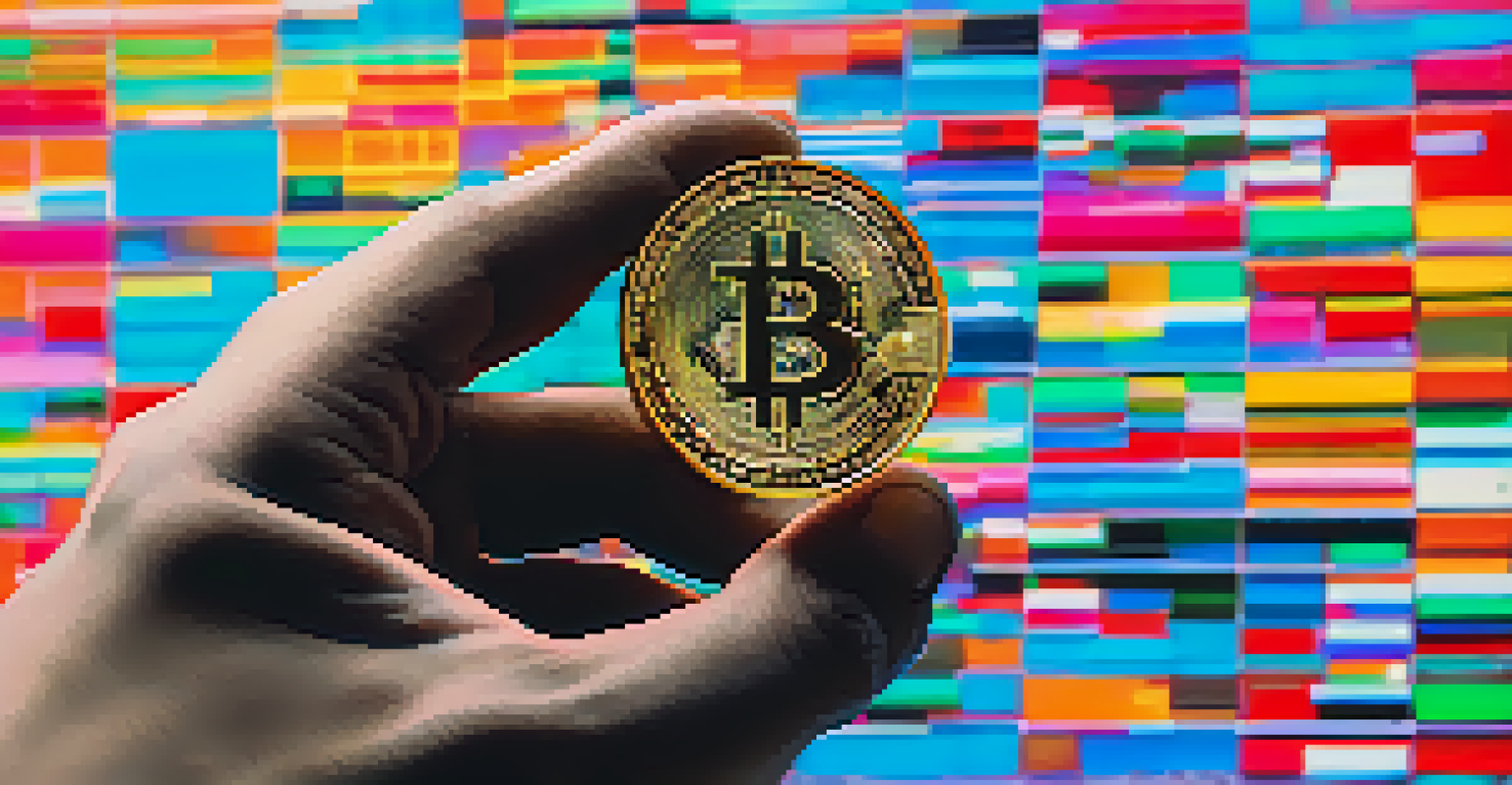 A close-up of a hand holding a physical Bitcoin coin in front of a digital screen that shows fluctuating cryptocurrency prices, highlighting the contrast between physical and digital currency.