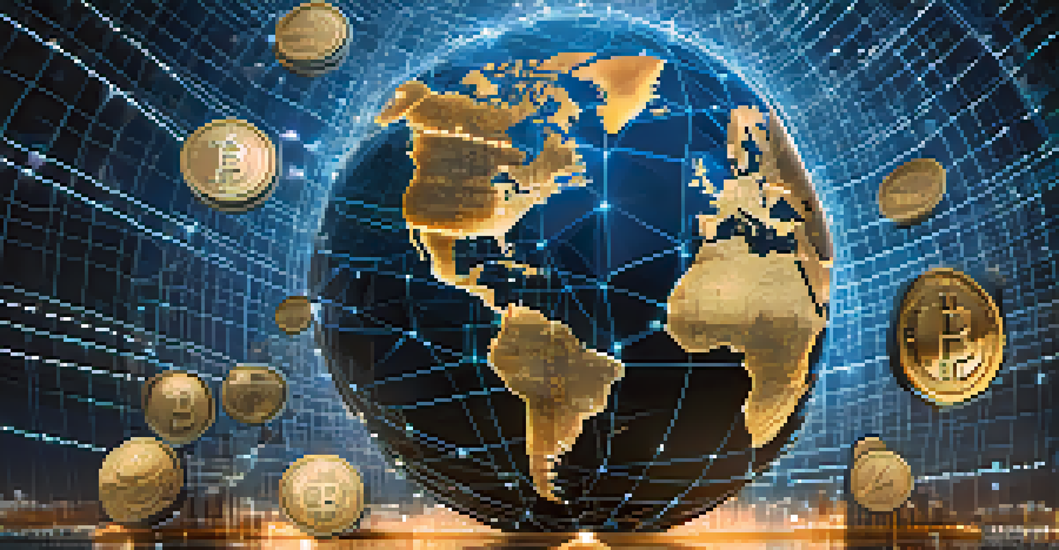 A globe surrounded by digital currency symbols, prominently featuring Bitcoin, with illuminated areas representing global connectivity and a network of lines connecting regions.