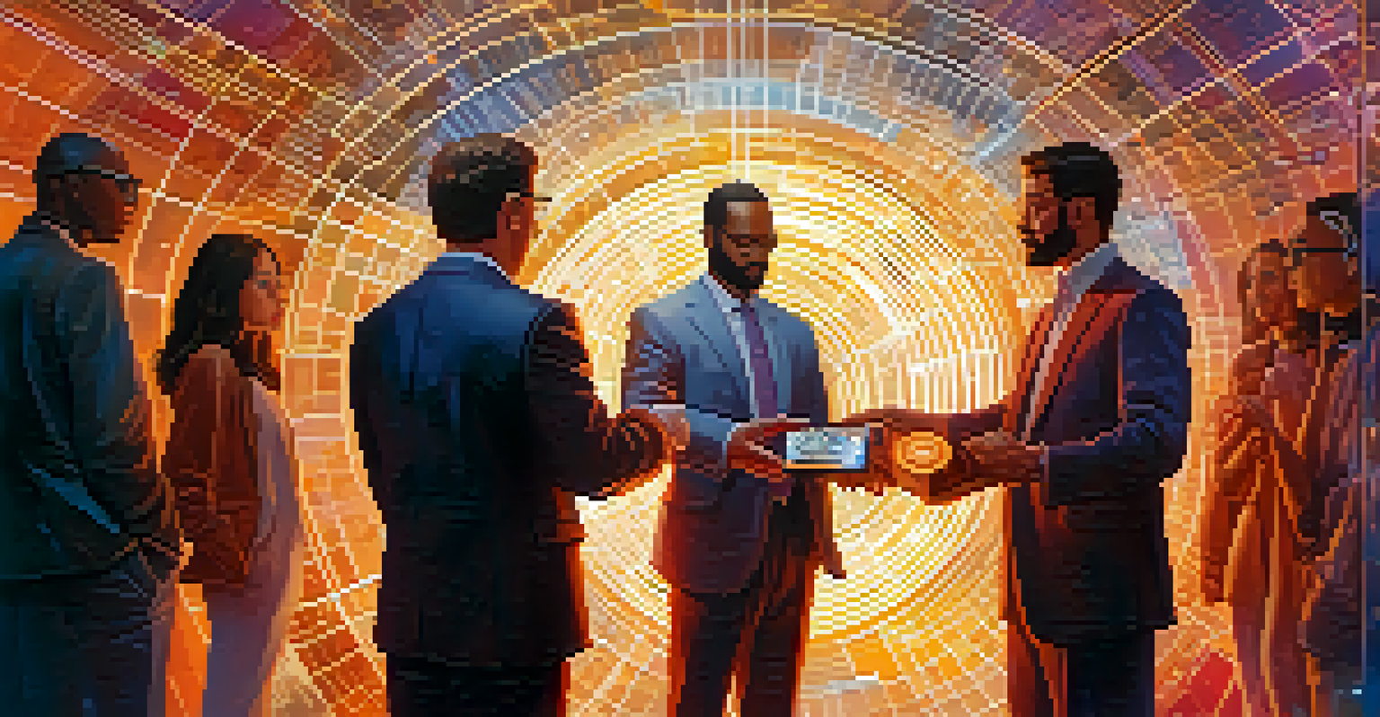 A diverse group of individuals exchanging digital currencies with a blockchain network glowing in the background.