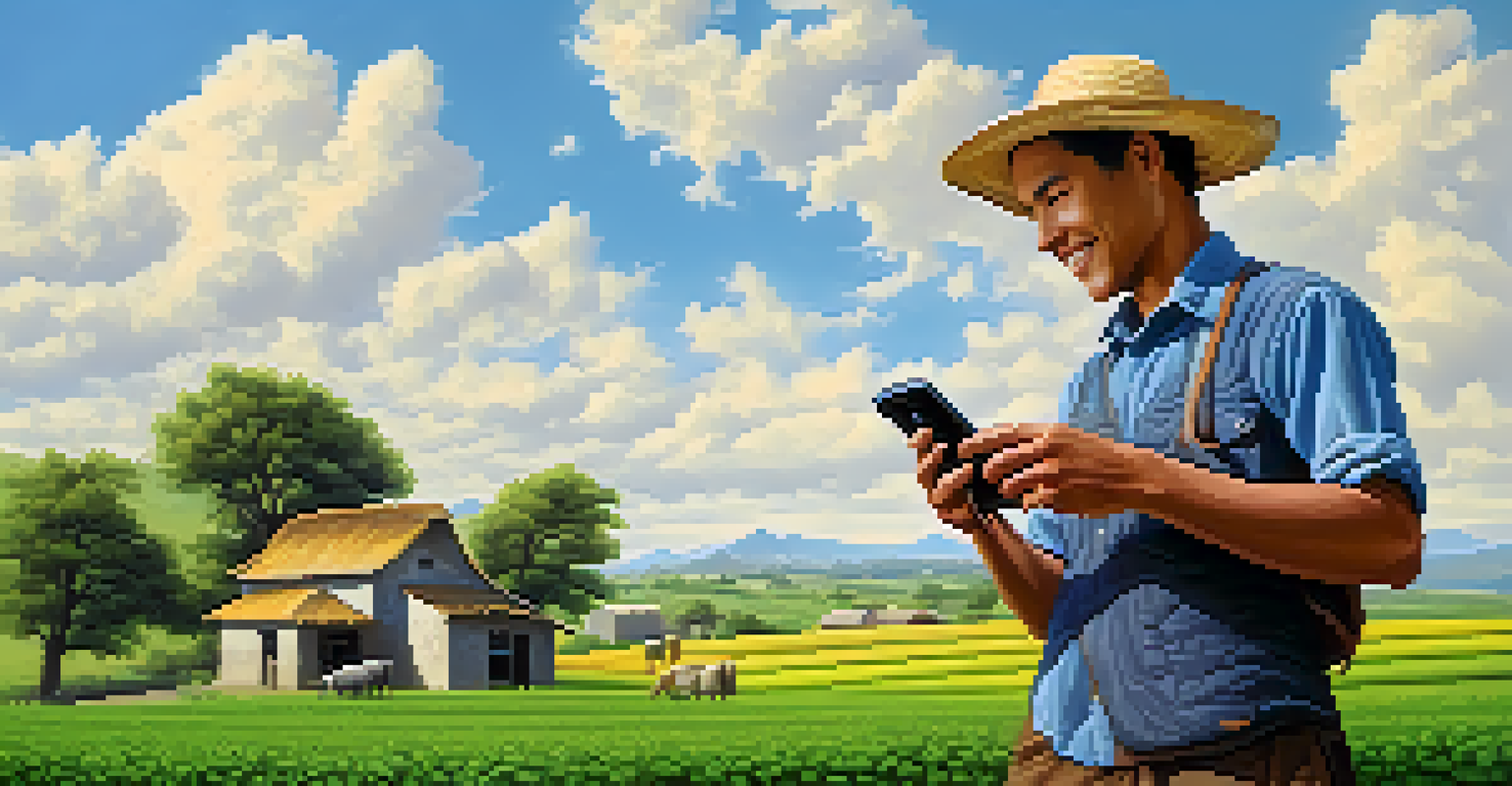 A rural farmer happily using a smartphone in a green field, receiving remittances, with a bright landscape in the background.