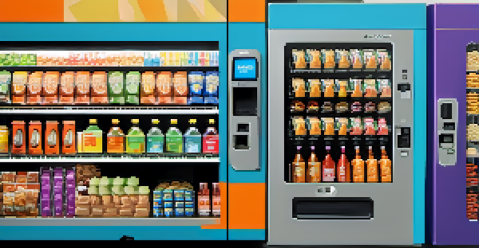 A modern vending machine with snacks and drinks featuring a Bitcoin logo, set in a bright room.