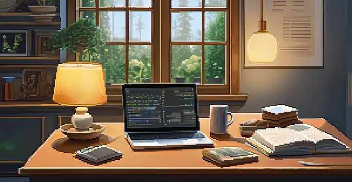 A cozy home office with financial books, a laptop showing cryptocurrency graphs, and a garden view outside the window.