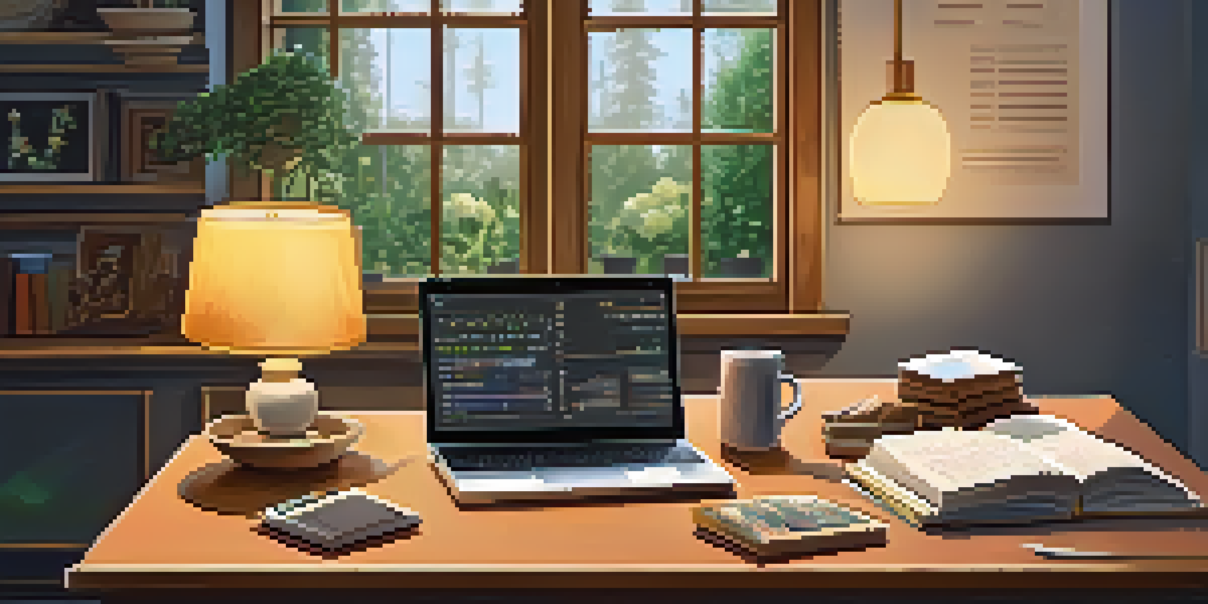 A cozy home office with financial books, a laptop showing cryptocurrency graphs, and a garden view outside the window.