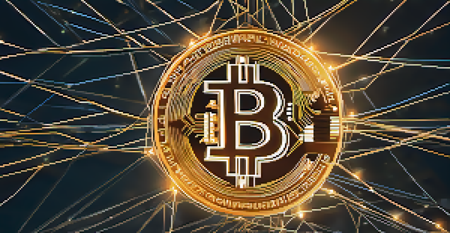 An abstract network of interconnected nodes over a glowing Bitcoin symbol, representing decentralization and security.