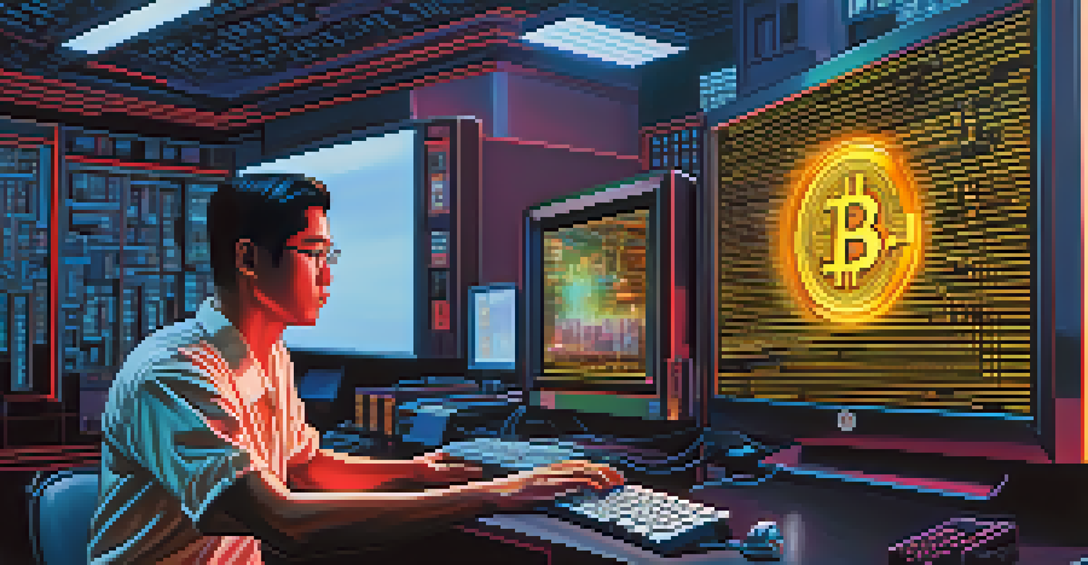 A figure in a dark environment using a computer, representing Bitcoin's duality in North Korea, with neon lights and traditional Korean architecture in the background.