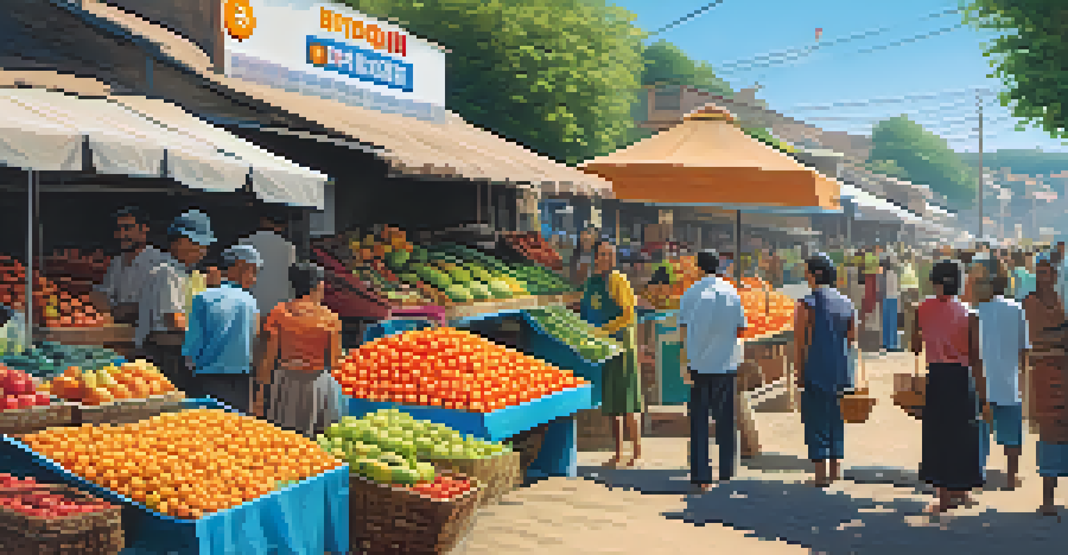 A village market scene where locals are using Bitcoin for transactions, with a digital Bitcoin sign.