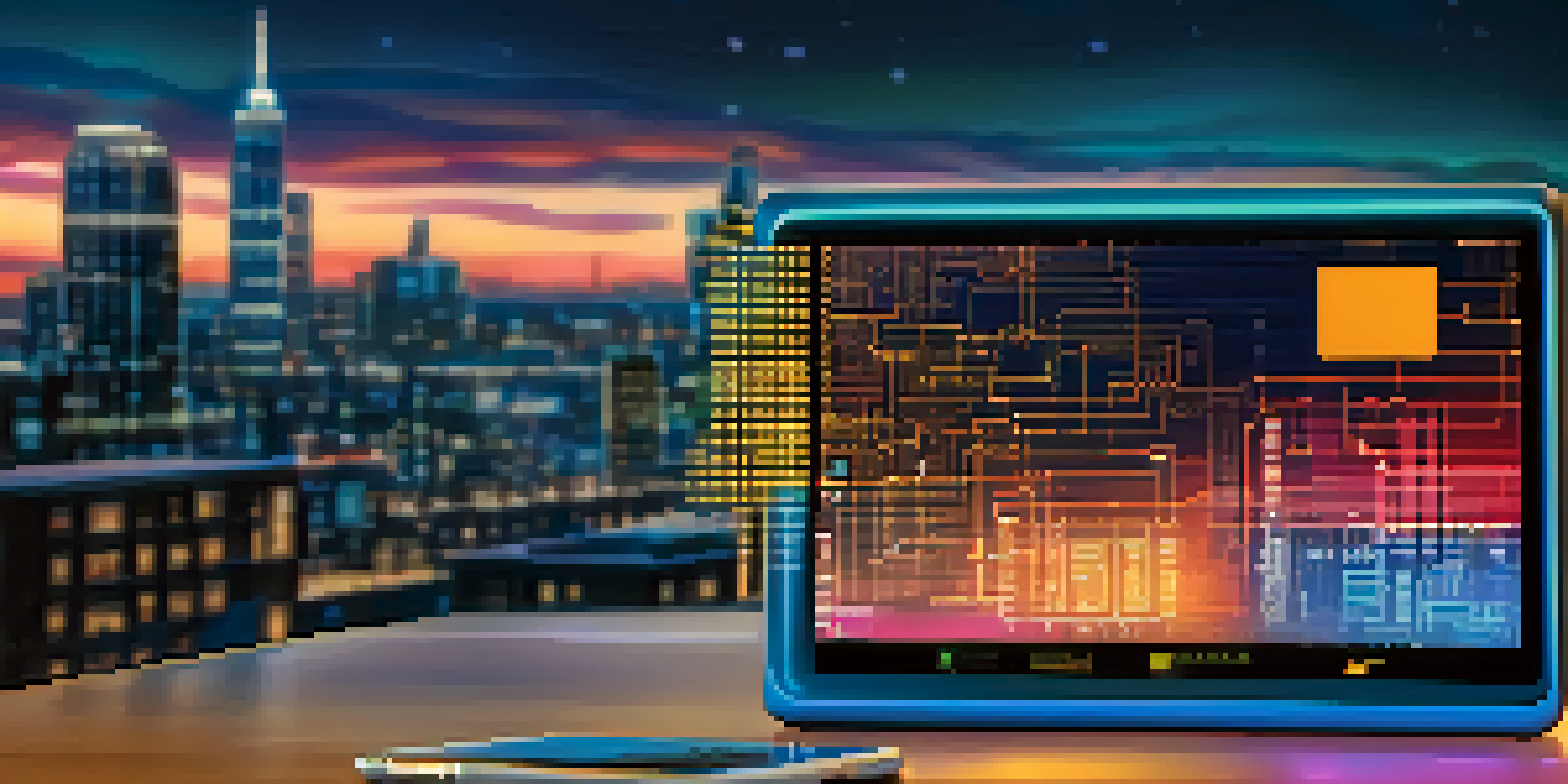 A digital device showing a blockchain transaction with a blurred city skyline in the background during dusk.