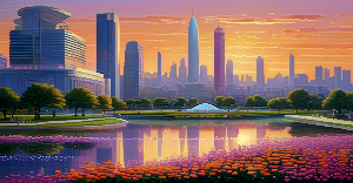 A futuristic city skyline at sunset with glass buildings and a park in the foreground, featuring blooming flowers and people.