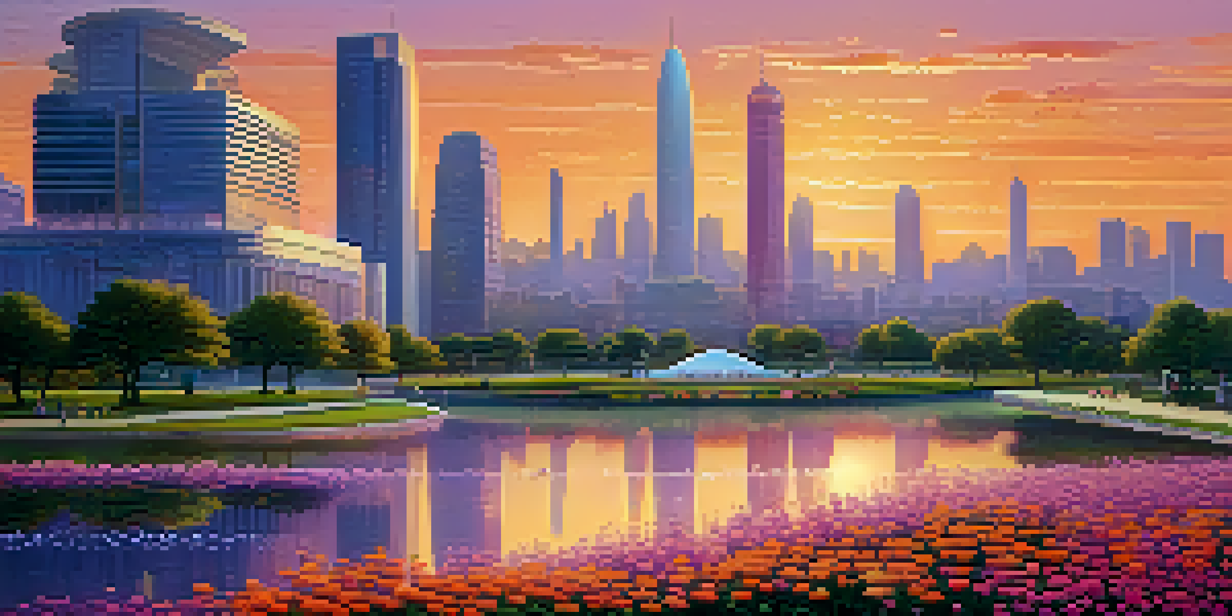 A futuristic city skyline at sunset with glass buildings and a park in the foreground, featuring blooming flowers and people.