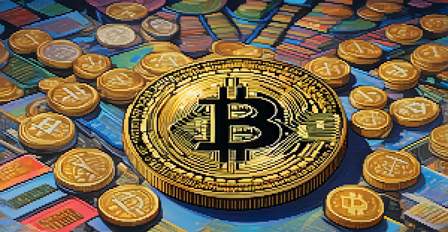 A golden Bitcoin coin in the center, surrounded by colorful symbols of various investment assets, illuminated by soft light.