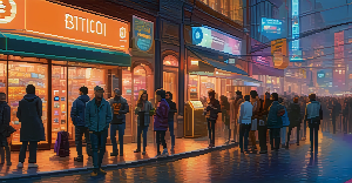A busy city street filled with people using digital wallets to make purchases, with neon lights and Bitcoin signage.