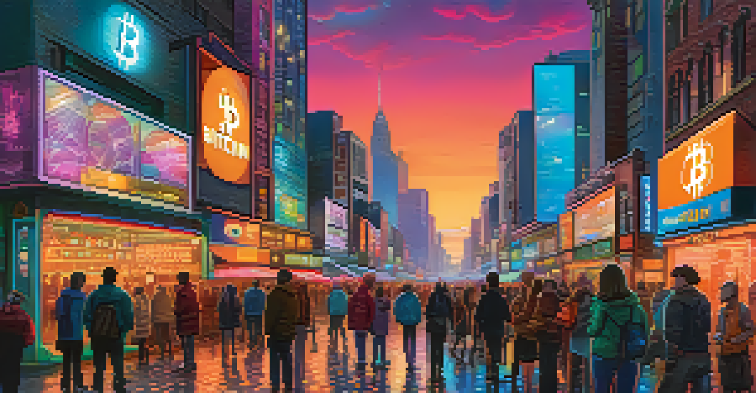 A busy city street with people making Bitcoin transactions on smartphones, neon signs, and a digital screen showing Bitcoin prices.