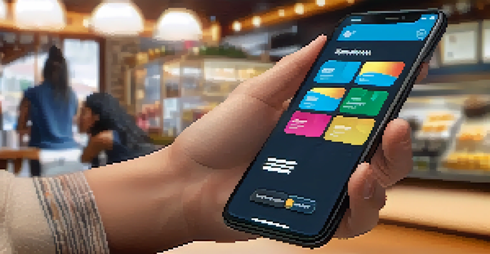 A person making a payment using a smartphone in a coffee shop, with a digital wallet app displayed on the screen.