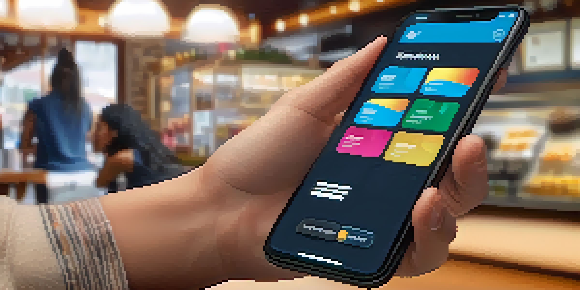 A person making a payment using a smartphone in a coffee shop, with a digital wallet app displayed on the screen.