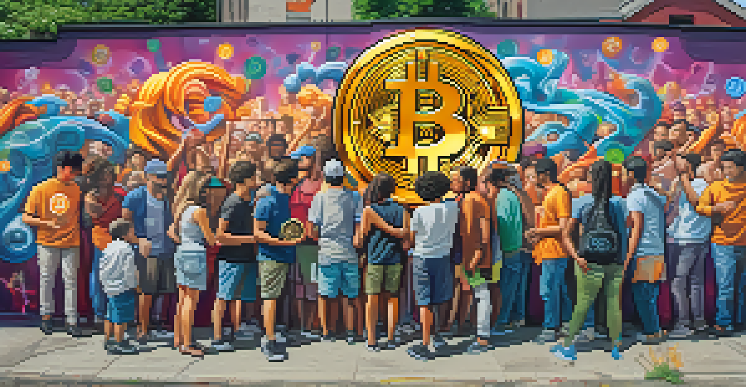A colorful street art mural showing diverse people holding Bitcoin symbols, illuminated by sunlight.