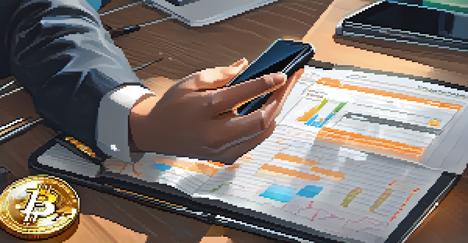 A close-up of a trader's hands holding a smartphone displaying Bitcoin price fluctuations, with a blurred trading desk in the background.