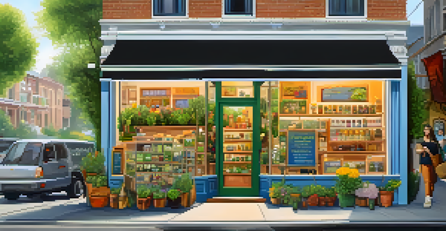 An eco-friendly storefront with vibrant products, showcasing a sign that mentions Bitcoin as a payment option, surrounded by plants and flowers.
