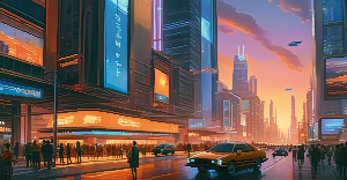 A vibrant futuristic city skyline at dusk with skyscrapers, neon lights, and flying vehicles, depicting a bustling urban environment.
