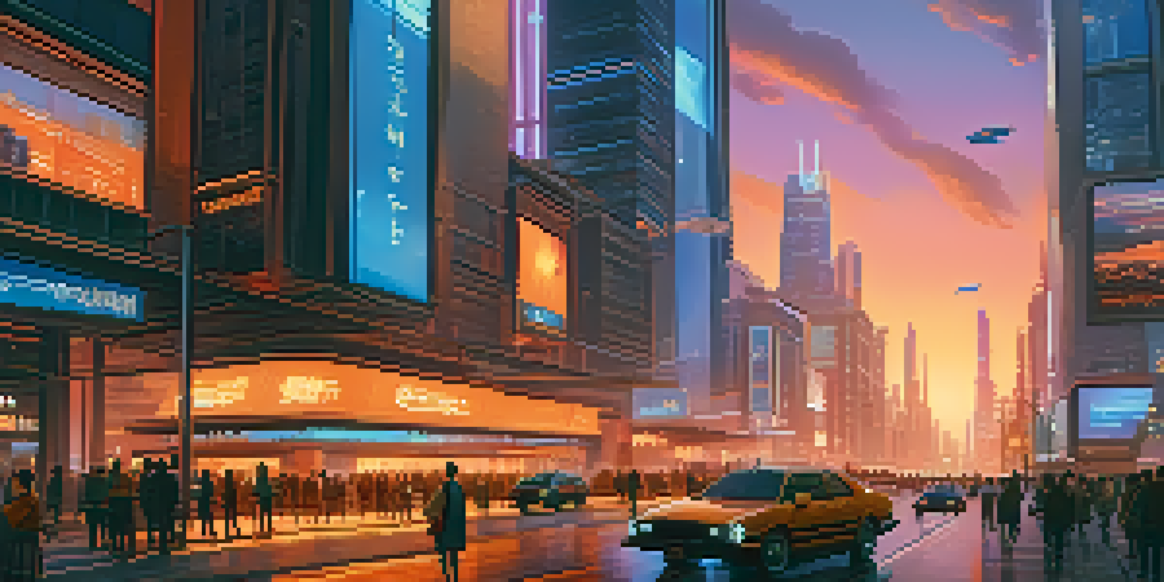 A vibrant futuristic city skyline at dusk with skyscrapers, neon lights, and flying vehicles, depicting a bustling urban environment.