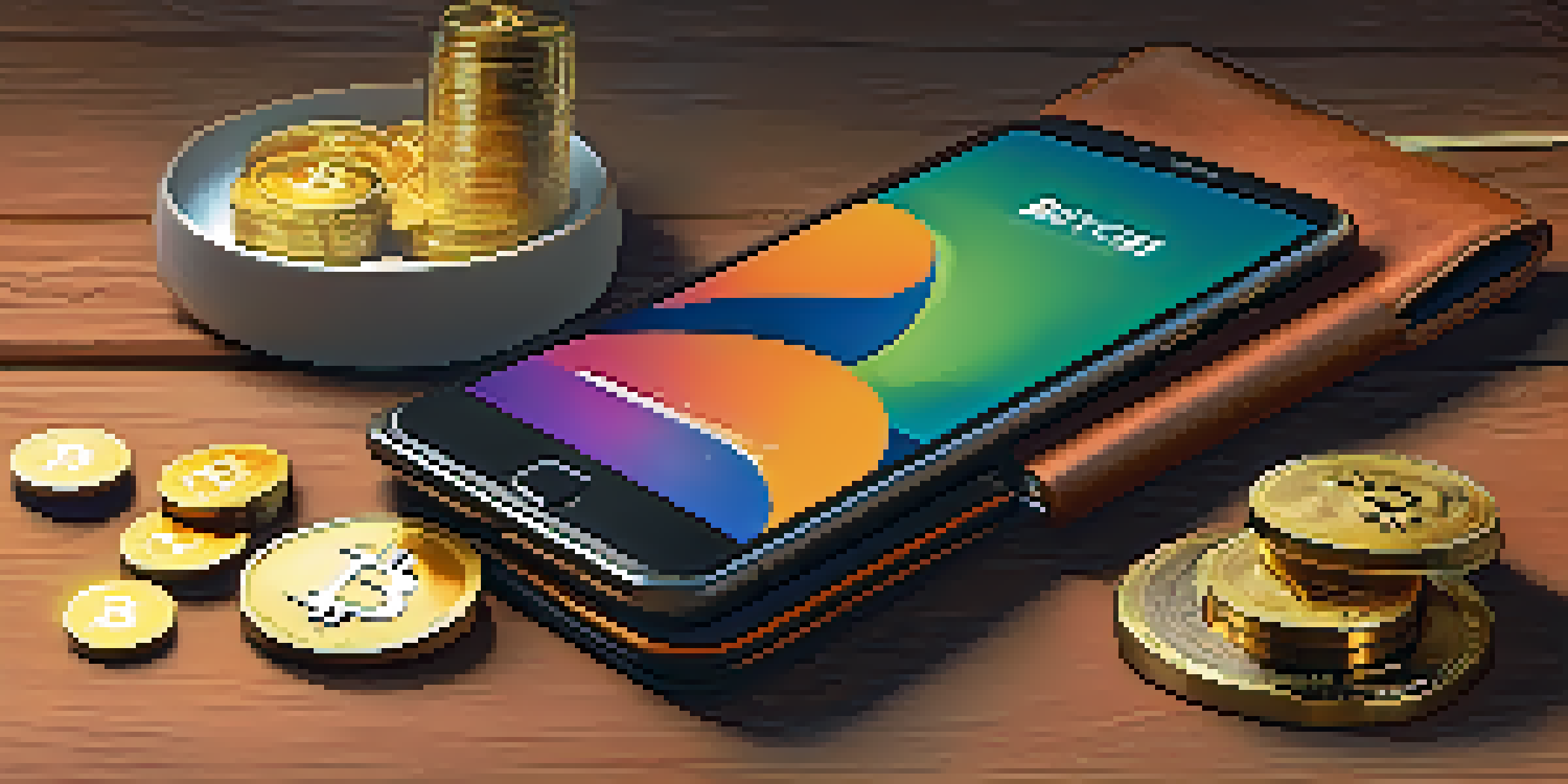 A modern Bitcoin wallet on a wooden desk surrounded by gold coins and a smartphone displaying cryptocurrency data.