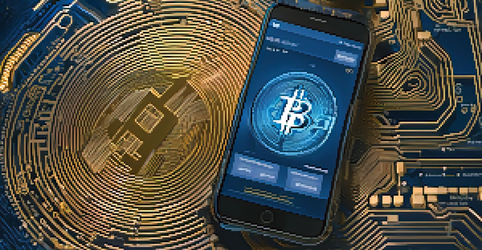 A close-up view of a smartphone showing a digital wallet interface for Bitcoin transactions, with blockchain graphics in the background.