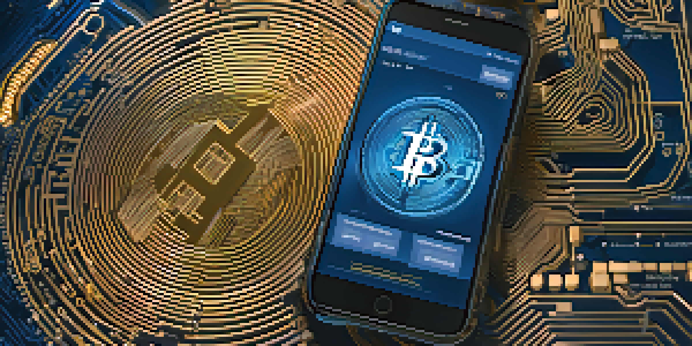 A close-up view of a smartphone showing a digital wallet interface for Bitcoin transactions, with blockchain graphics in the background.