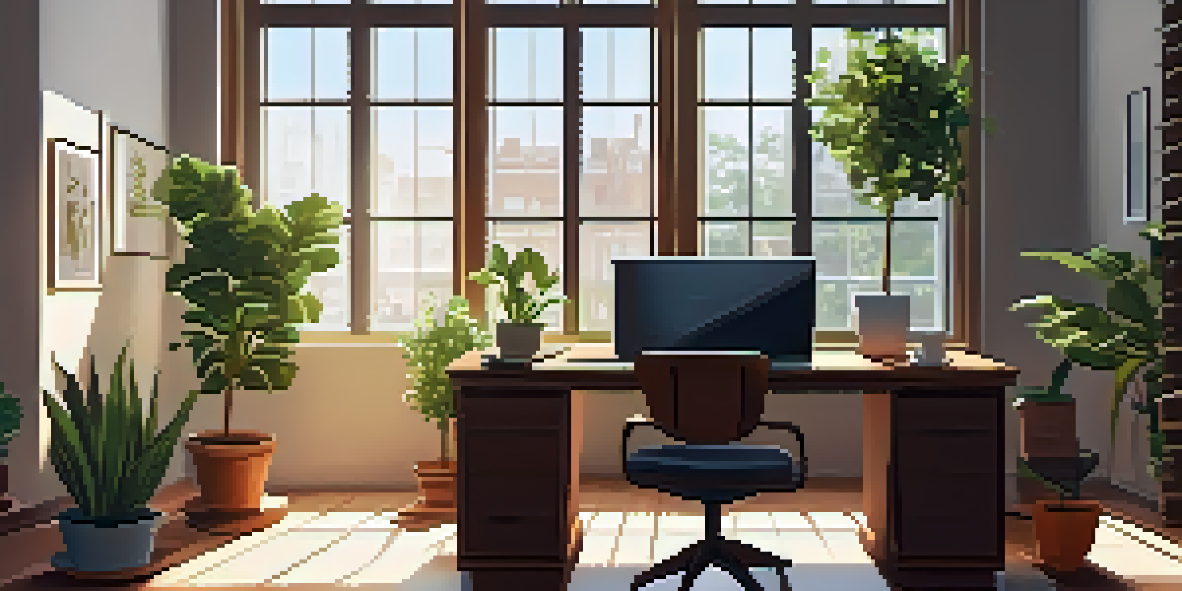 An organized office desk with a laptop, notepad, and coffee cup, illuminated by sunlight from a window.