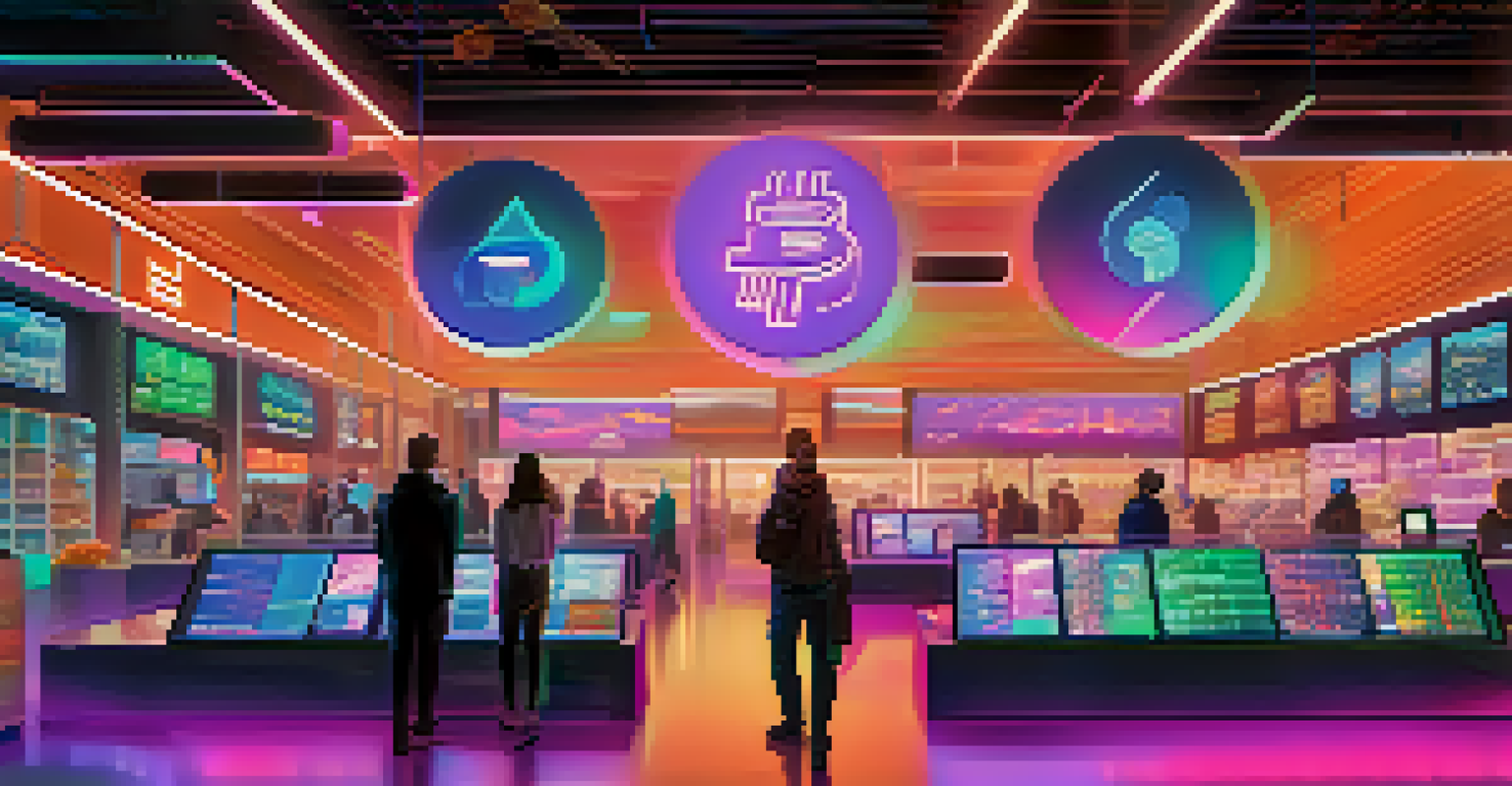 A futuristic digital marketplace with users interacting with Bitcoin wallets and holographic NFT displays.