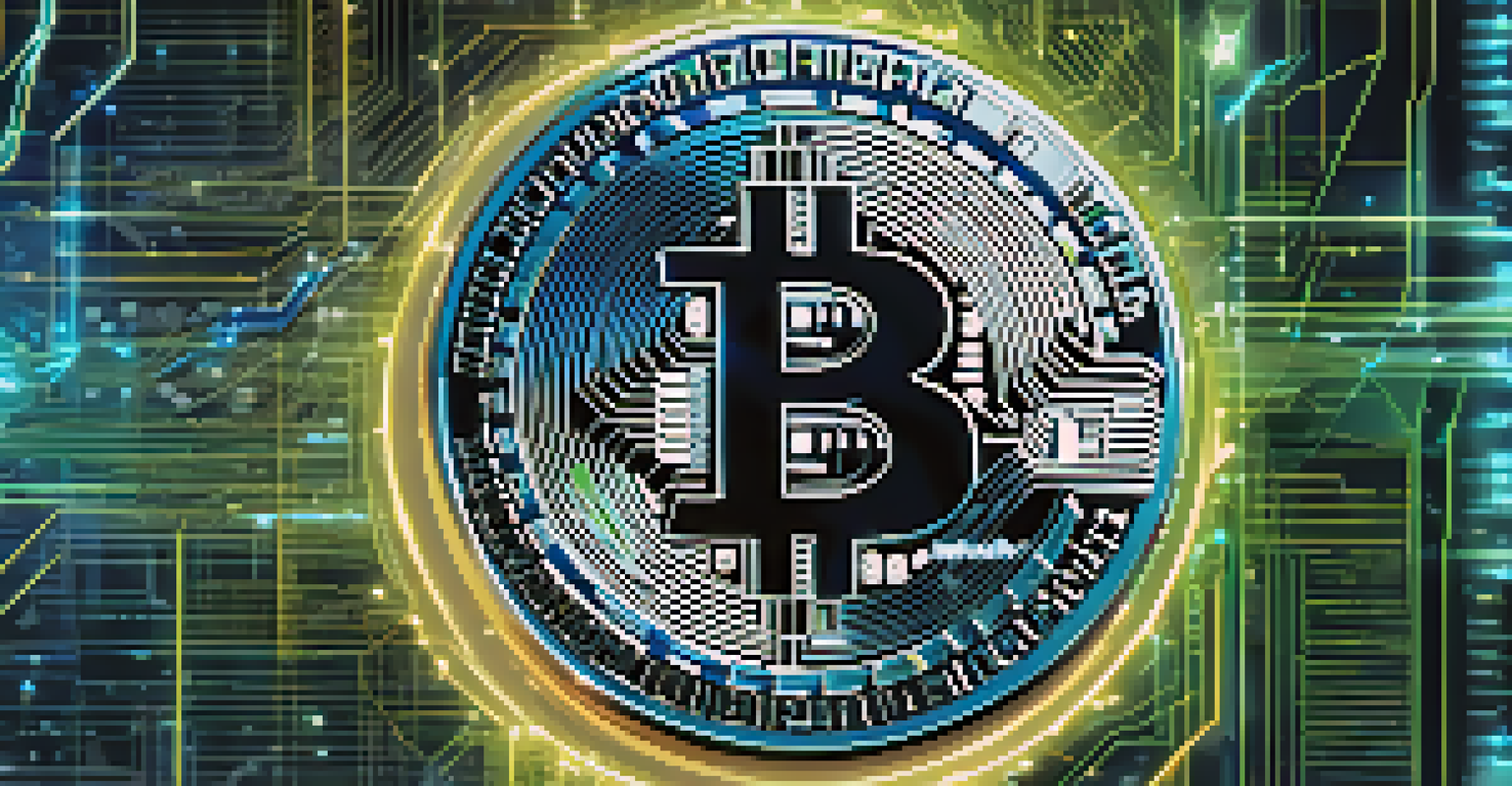 A close-up of a Bitcoin coin with digital blockchain symbols and graphs in a high-tech atmosphere.