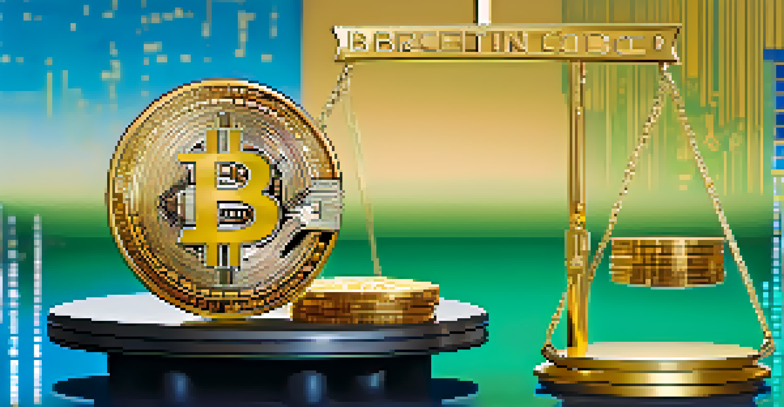 A balanced scale featuring Bitcoin on one side and a digital representation of CBDCs on the other, symbolizing competition.
