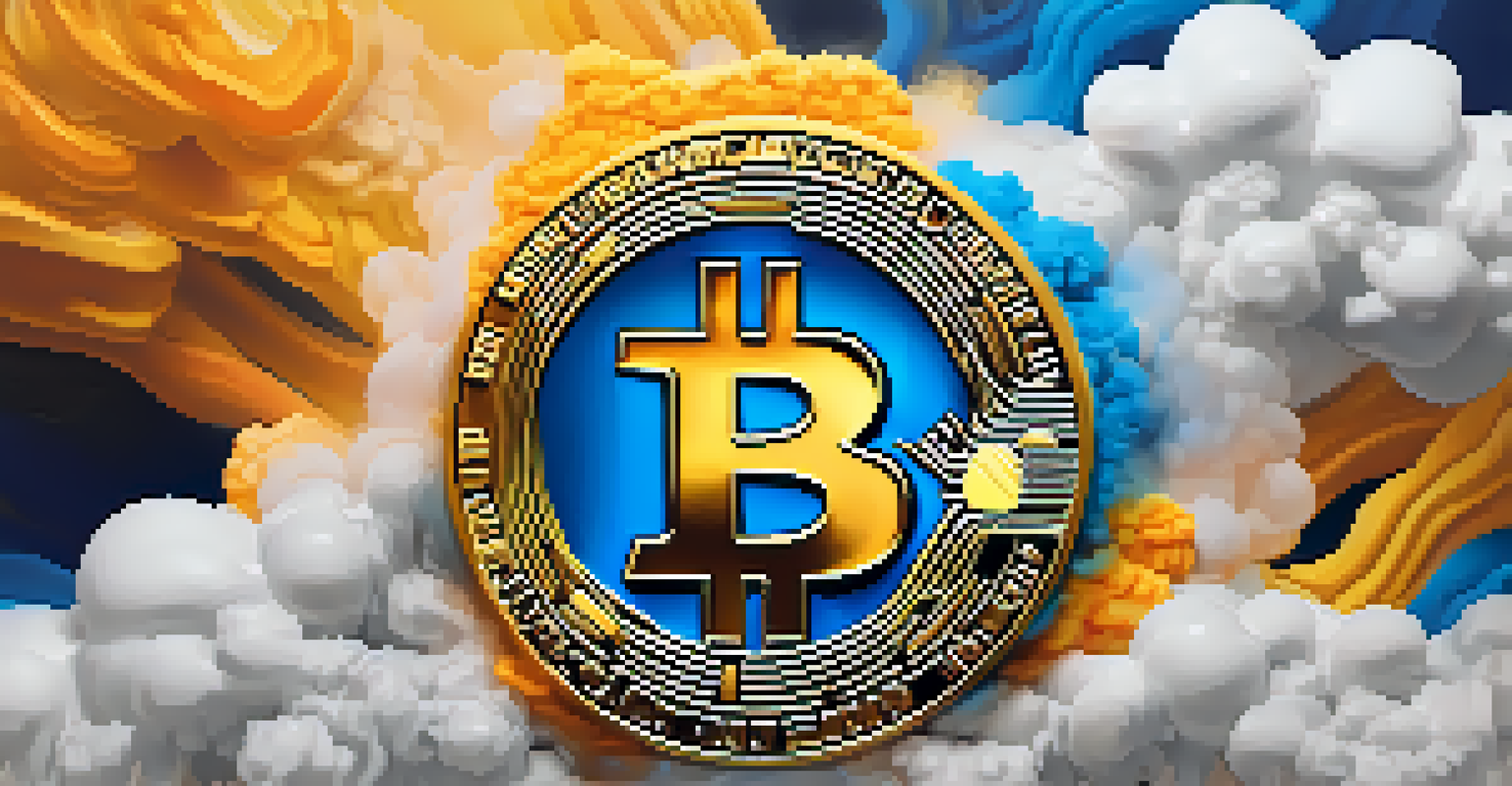 A digital Bitcoin logo emerging from colorful smoke, with abstract shapes and lines in the background, representing market volatility.