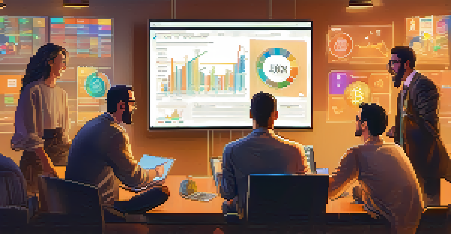 A diverse group of people discussing Bitcoin trends around a laptop in a modern office.