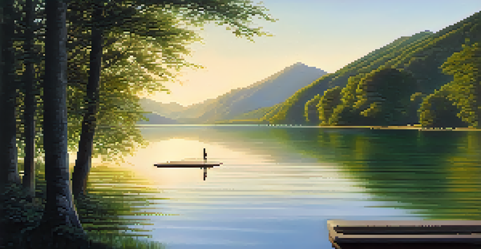 A person standing at the edge of a peaceful lake, with mountains and greenery surrounding them, illuminated by the morning sun.