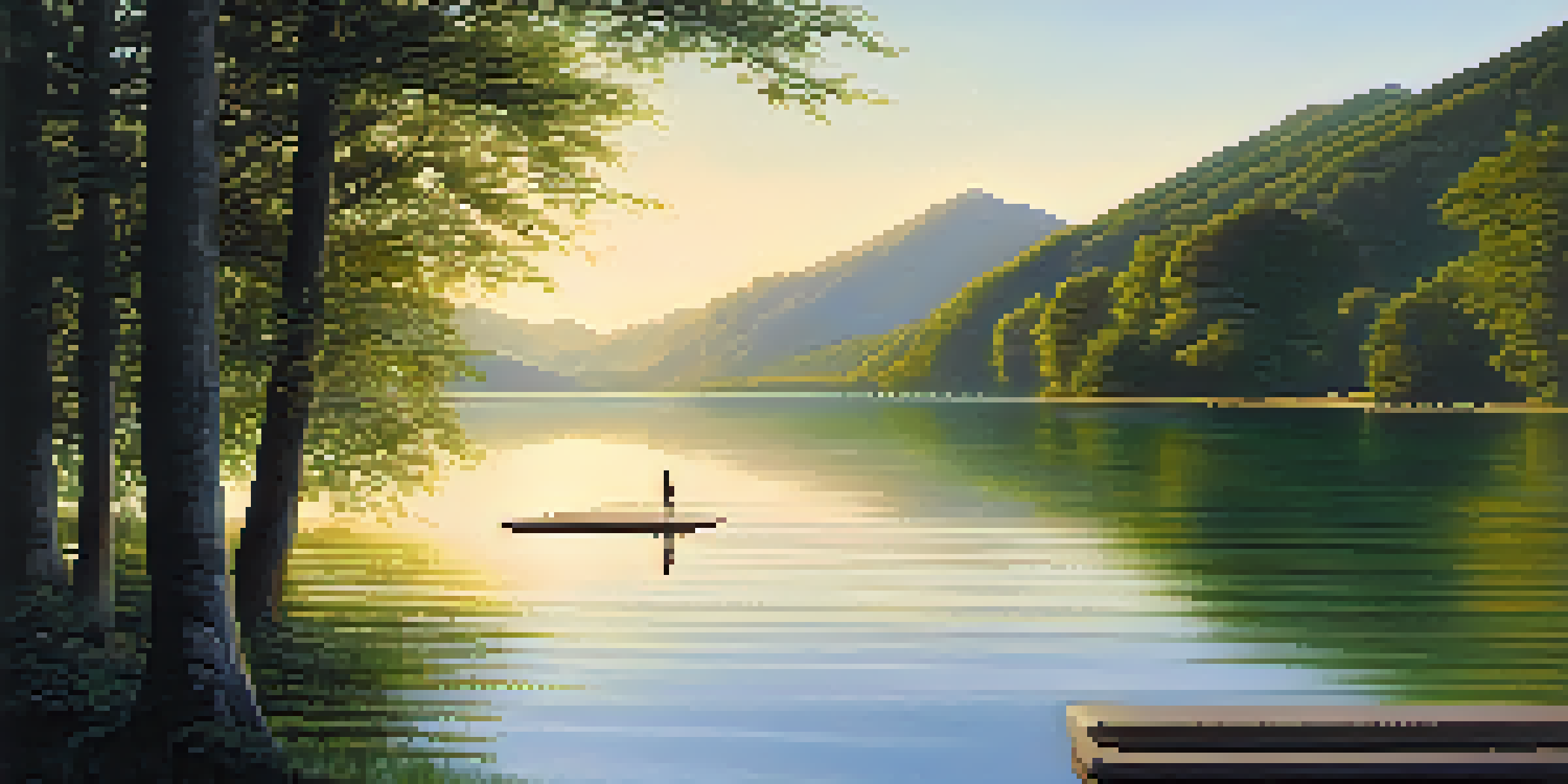 A person standing at the edge of a peaceful lake, with mountains and greenery surrounding them, illuminated by the morning sun.