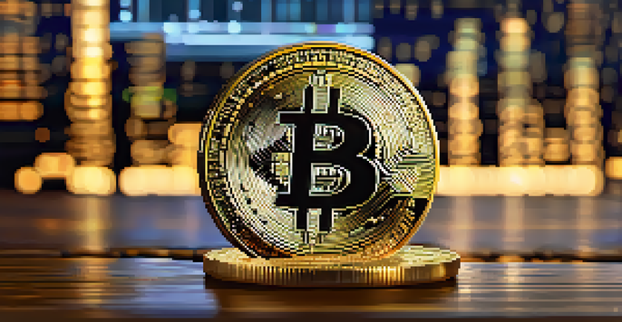 A close-up of a Bitcoin coin on a wooden table, with gold coins and a digital screen in the blurred background.