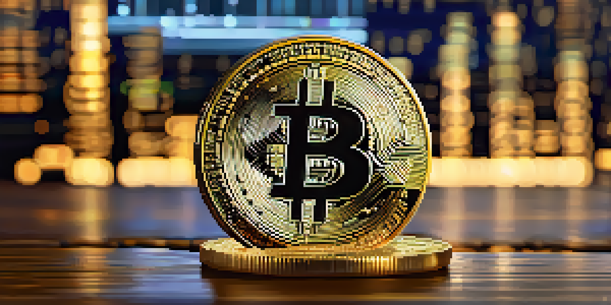 A close-up of a Bitcoin coin on a wooden table, with gold coins and a digital screen in the blurred background.