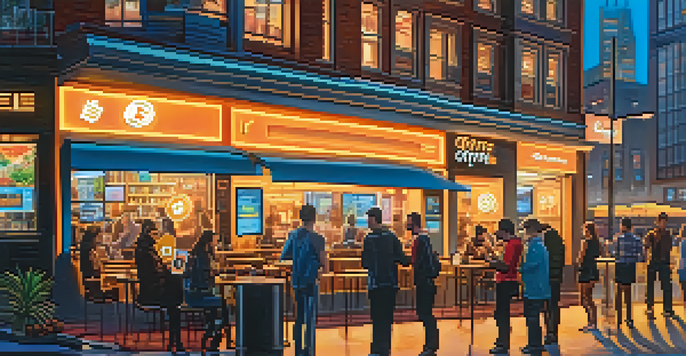A modern coffee shop in a city skyline where customers are using smartphones to pay with Bitcoin, with a vibrant atmosphere and sunset lighting.