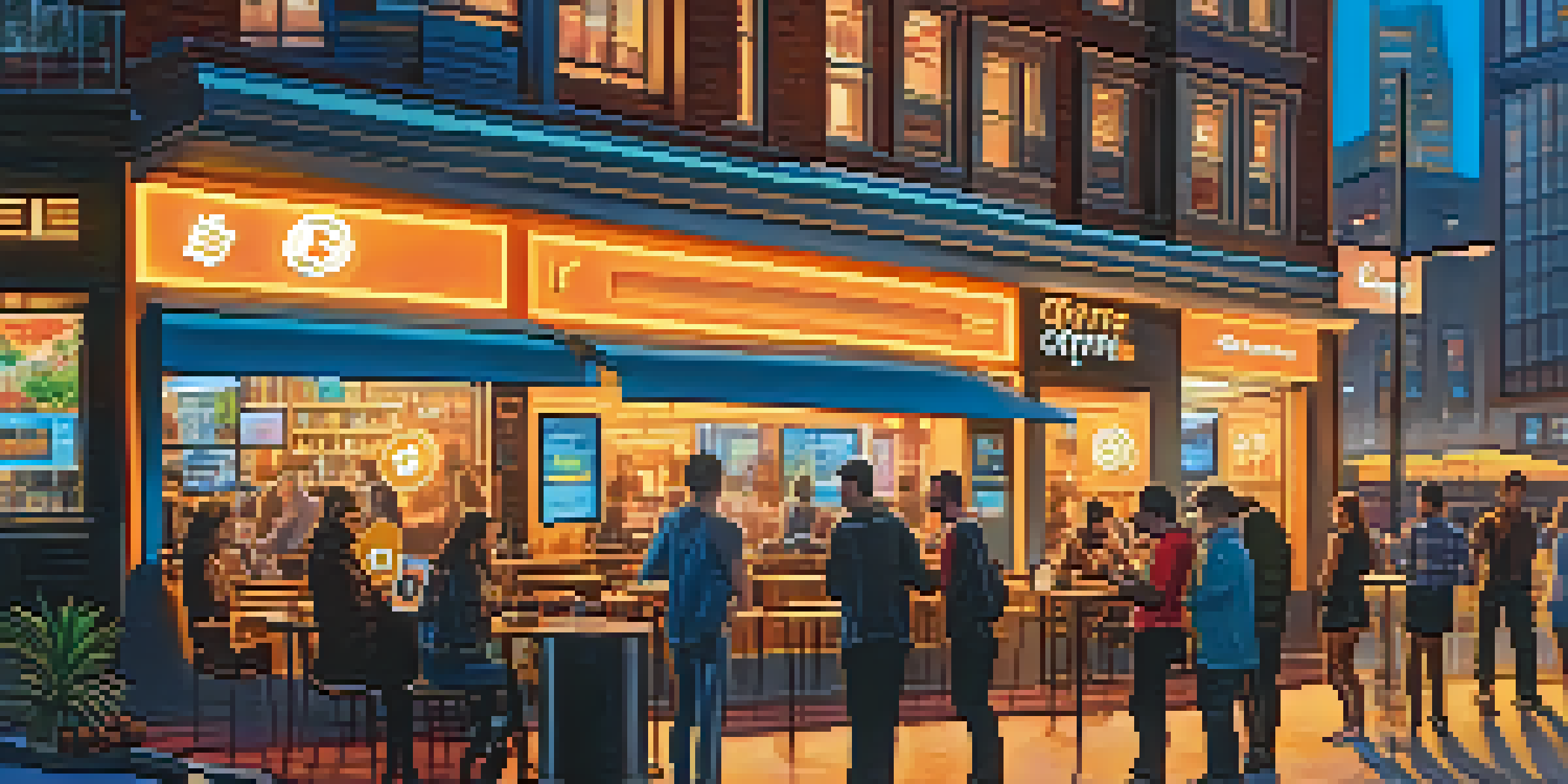 A modern coffee shop in a city skyline where customers are using smartphones to pay with Bitcoin, with a vibrant atmosphere and sunset lighting.