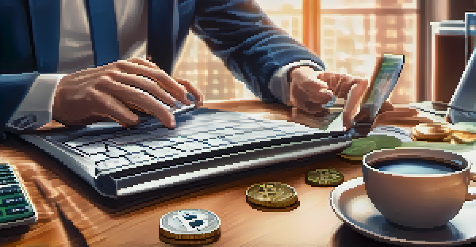 Close-up of hands typing on a laptop with a calculator and cryptocurrency coins on the table, set against a blurred financial report background.