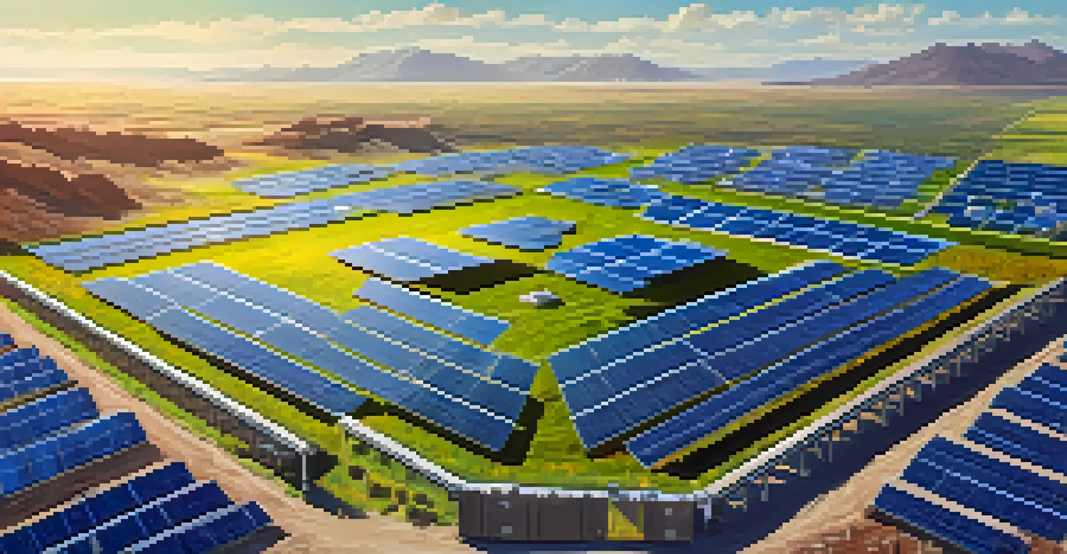 An aerial perspective of a solar-powered Bitcoin mining facility surrounded by solar panels under a clear blue sky.