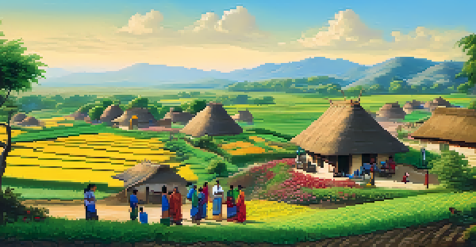 A rural village with adobe houses and thatched roofs, where diverse individuals gather around a mobile device discussing microfinance, surrounded by green fields and flowers.