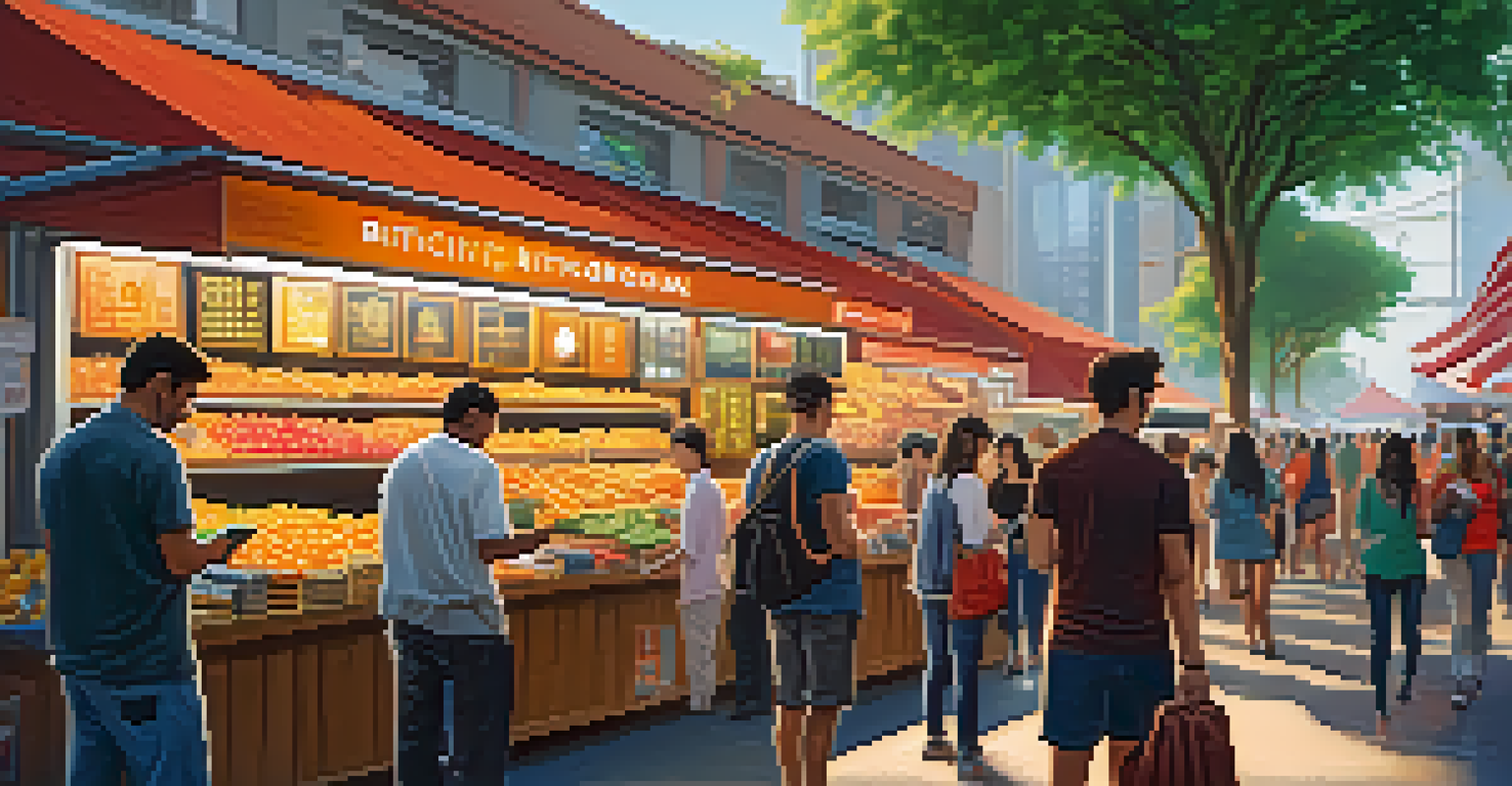A vibrant urban market scene with people using smartphones for Bitcoin transactions, colorful stalls, and digital screens showing Bitcoin prices.