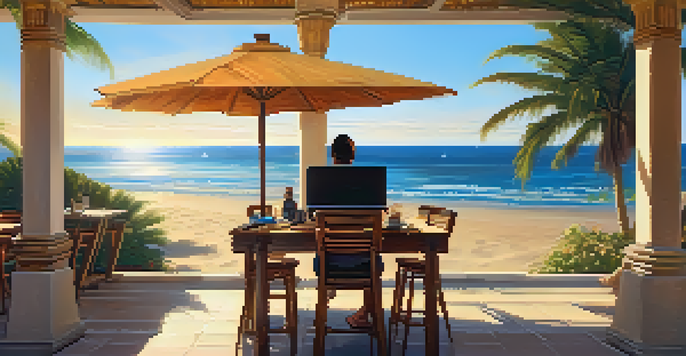 A digital nomad working on a laptop at a beachside café with palm trees and ocean waves in the background during sunset.