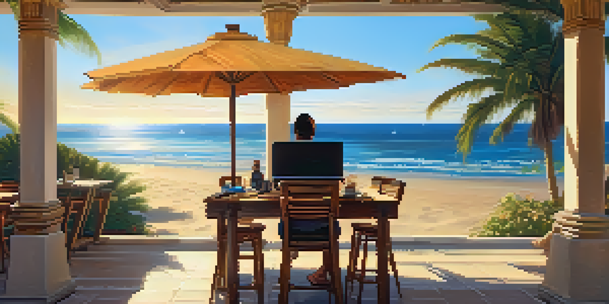 A digital nomad working on a laptop at a beachside café with palm trees and ocean waves in the background during sunset.